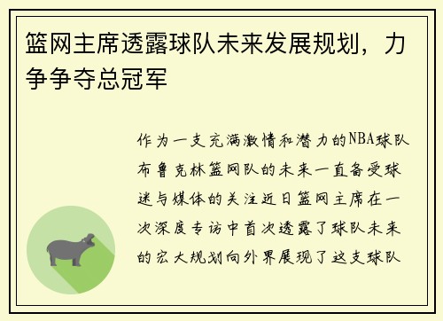 篮网主席透露球队未来发展规划，力争争夺总冠军